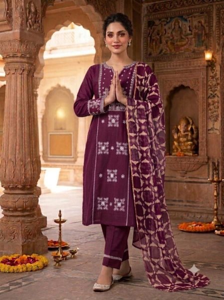 Charming Wine Slub Cotton Embroidered Kurti Pant Set with Printed Cotton Dupatta Cotton Kurtis Wholesale