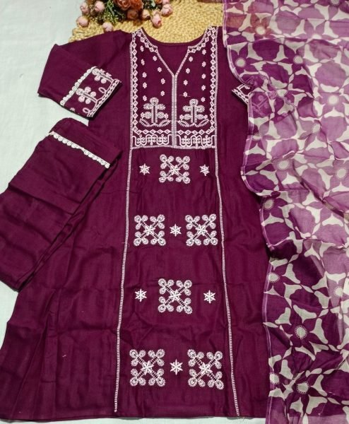Charming Wine Slub Cotton Embroidered Kurti Pant Set with Printed Cotton Dupatta Cotton Kurtis Wholesale