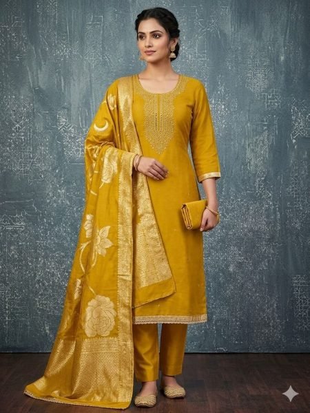Charming Yellow Roman Silk Dress Material Suit with Jacquard Dupatta for Women Color Set Matching Dress Material Wholesale