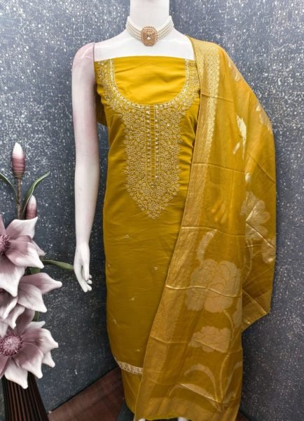 Charming Yellow Roman Silk Dress Material Suit with Jacquard Dupatta for Women Color Set Matching Dress Material Wholesale