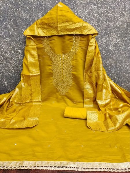 Charming Yellow Roman Silk Dress Material Suit with Jacquard Dupatta for Women Color Set Matching Dress Material Wholesale