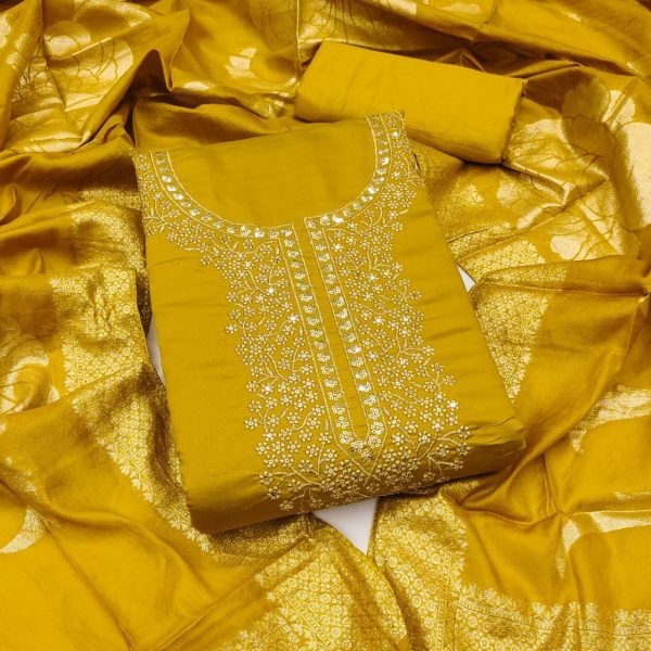 Charming Yellow Roman Silk Dress Material Suit with Jacquard Dupatta for Women Color Set Matching Dress Material Wholesale