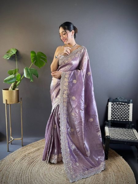 CharmingPurple Multi Thread Embroidery Saree With Unstitch Blouse For Boutique Collection Sarees 