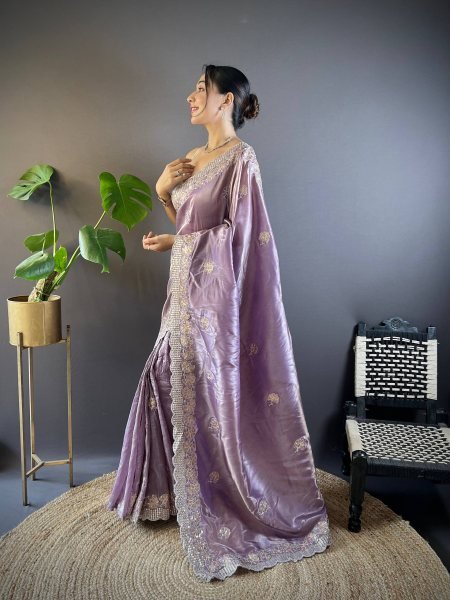 Charming Purple Multi Thread Embroidery Saree With Unstitch Blouse For Boutique Collection Embroidery Sarees Wholesale