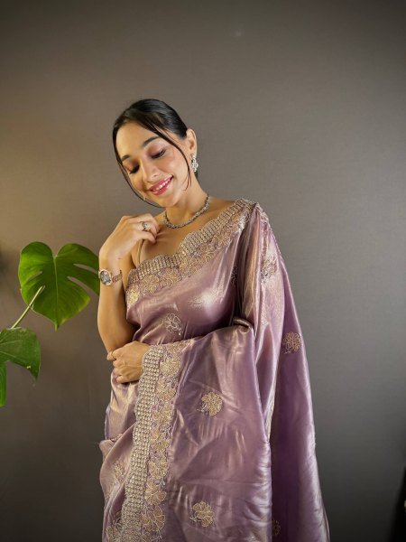 Charming Purple Multi Thread Embroidery Saree With Unstitch Blouse For Boutique Collection Embroidery Sarees Wholesale