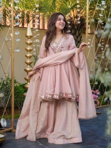 Chic Baby Pink Mirror Work Chinon Silk Plazzo Suit at Reseller Rate for Party Wear  Ready To Wear Suit
