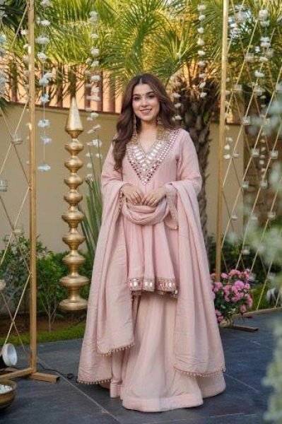 Chic Baby Pink Mirror Work Chinon Silk Plazzo Suit at Reseller Rate for Party Wear  Ready To Wear Collection