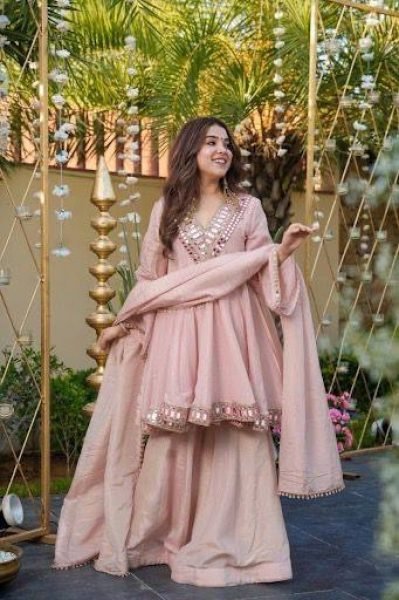 Chic Baby Pink Mirror Work Chinon Silk Plazzo Suit at Reseller Rate for Party Wear  Ready To Wear Collection