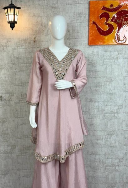 Chic Baby Pink Mirror Work Chinon Silk Plazzo Suit at Reseller Rate for Party Wear  Ready To Wear Collection