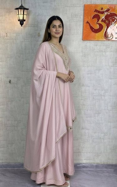 Chic Baby Pink Mirror Work Chinon Silk Plazzo Suit at Reseller Rate for Party Wear  Ready To Wear Collection