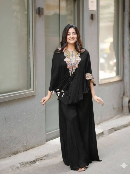 Chic Black Air Tex Chinon Indo Western Look with Embroidered Detailing Ready To Wear Suit