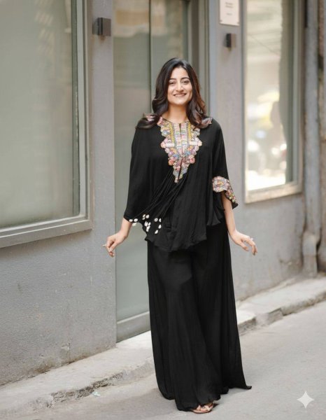 Chic Black Air Tex Chinon Indo Western Look with Embroidered Detailing Ready To Wear Collection