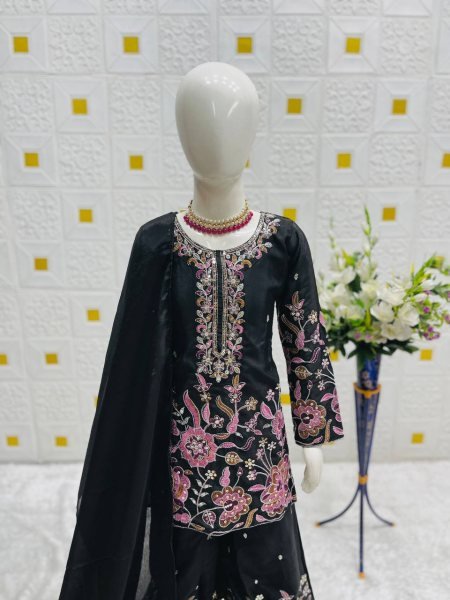 Chic Black Sharara Set for Girls Embroidered Elegance for Festive & Wedding Vibes Girls Wear