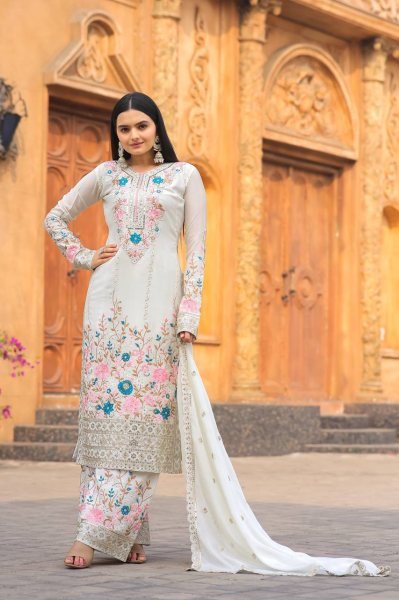 Chic Chinon Silk Ethnic Suit Set for Women with Heavy Embroidery  Hand Diamond Work  Full Stitched Palazzo  and Designer Dupatta for Women  Ready To Wear Collection