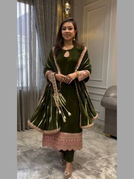 Chic Classic Mahendi Green Viscose Velvet Embroidery Work Salwar Suit for Bulk Buyers