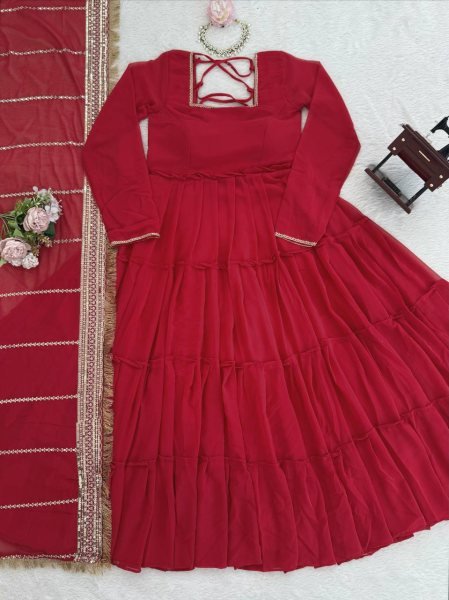 Chic-classic Red Heavy Flair & Tassels Georgette Ruffle Style Anarkali with Dupatta at Wholesale Rate  Georgette Kurti 