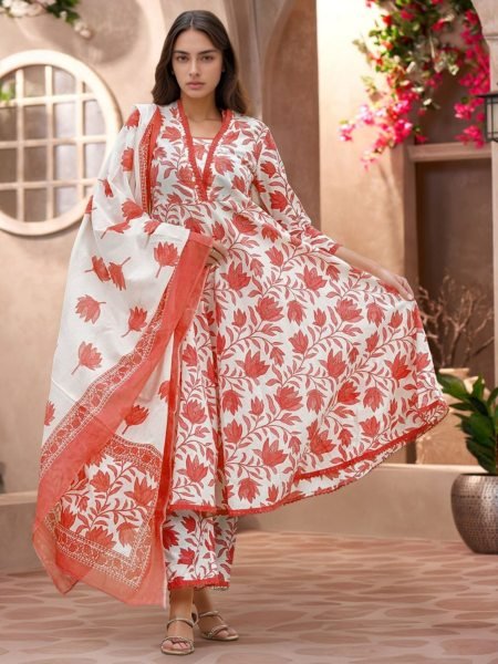 Chic classic V Neck Cotton Slub Printed Kurti   Pant Set with Lace Work and Printed Dupatta for Daily Wear Collection 