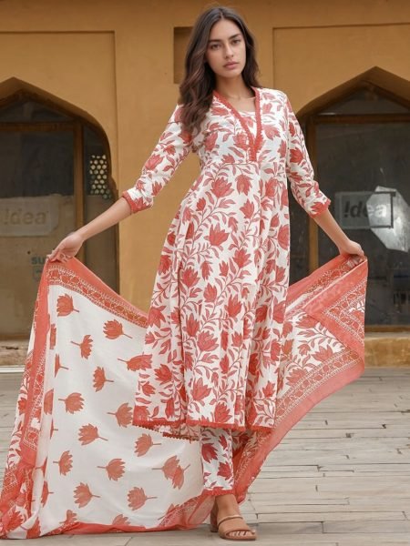 Chic classic V Neck Cotton Slub Printed Kurti   Pant Set with Lace Work and Printed Dupatta for Daily Wear Collection  Straight Cut Long Kurtis
