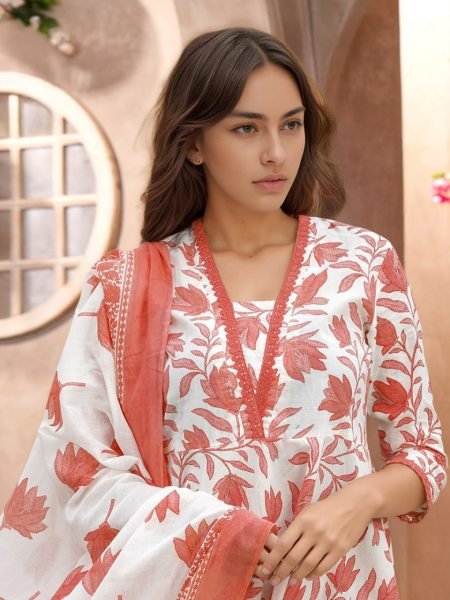 Chic classic V Neck Cotton Slub Printed Kurti   Pant Set with Lace Work and Printed Dupatta for Daily Wear Collection  Straight Cut Long Kurtis