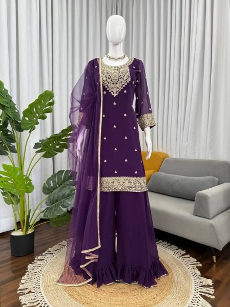 Chic Faux Georgette Coding and Sequence Embroidered Suit Set with Dupatta for Evening Wear Ready To Wear Collection