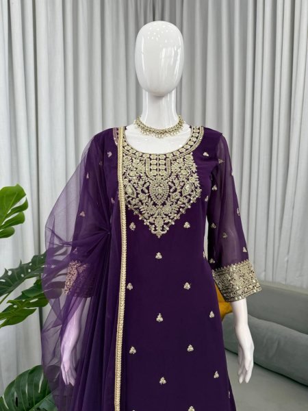 Chic Faux Georgette Coding and Sequence Embroidered Suit Set with Dupatta for Evening Wear Ready To Wear Collection