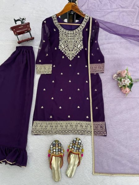 Chic Faux Georgette Coding and Sequence Embroidered Suit Set with Dupatta for Evening Wear Ready To Wear Collection