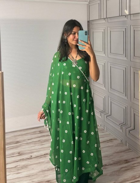 Green Fox Georgette Palazzo Set with Bustier and Dupatta Womens Stylish Party Outfit Georgette Kurti 