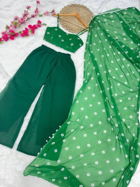 Green Fox Georgette Palazzo Set with Bustier and Dupatta Womens Stylish Party Outfit Georgette Kurti 