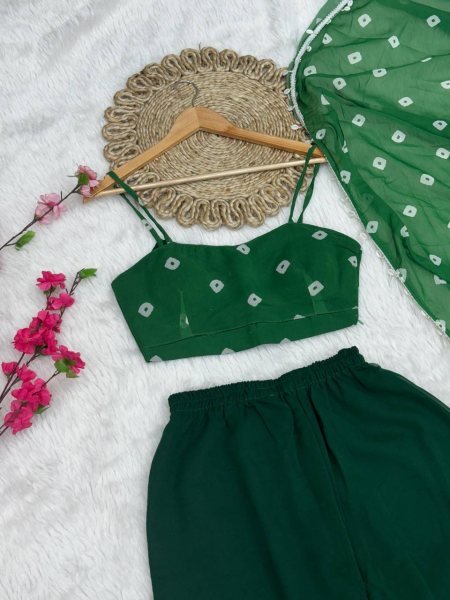 Green Fox Georgette Palazzo Set with Bustier and Dupatta Womens Stylish Party Outfit Georgette Kurti 