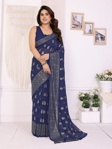 Chic Navy Blue Georgette Saree with Foil Accents   Designer Lace Border Georgette Sarees Wholesale