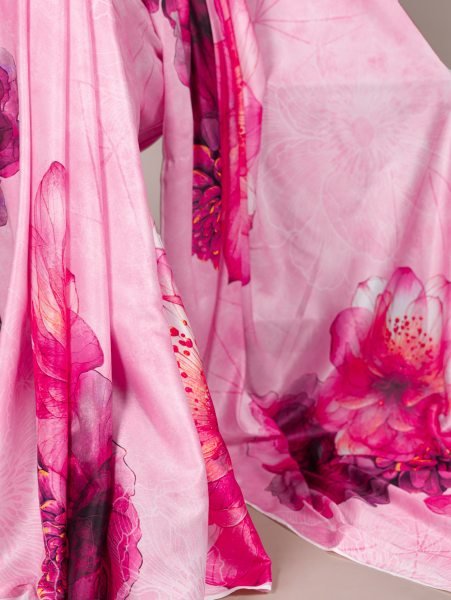 Chic Pink Satin Silk Printed Saree Summer Special Designer Drape for Women Wholesale Collection by Surat Textile Exporter Silk Sarees Wholesale