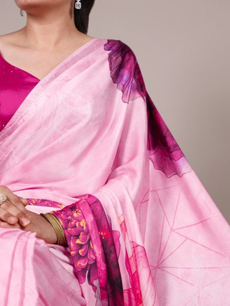 Chic Pink Satin Silk Printed Saree Summer Special Designer Drape for Women Wholesale Collection by Surat Textile Exporter Silk Sarees Wholesale