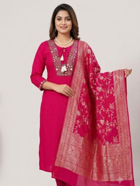 Chic Pink Straight Cut Kurti With Fornt Neck Dori And Zari Work Banarasi Dupatta Kurtis