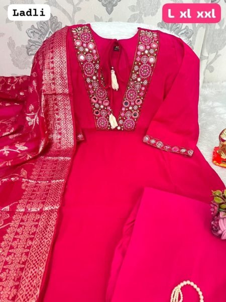 Chic Pink Straight Cut Kurti With Fornt Neck Dori And Zari Work Banarasi Dupatta Embroidery Kurtis 
