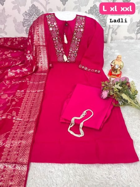 Chic Pink Straight Cut Kurti With Fornt Neck Dori And Zari Work Banarasi Dupatta Embroidery Kurtis 