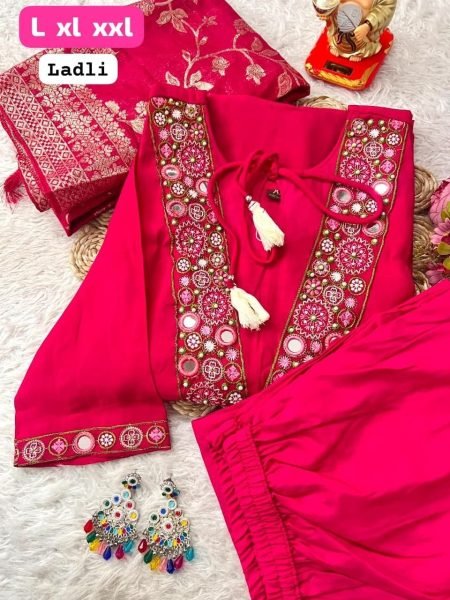 Chic Pink Straight Cut Kurti With Fornt Neck Dori And Zari Work Banarasi Dupatta Embroidery Kurtis 