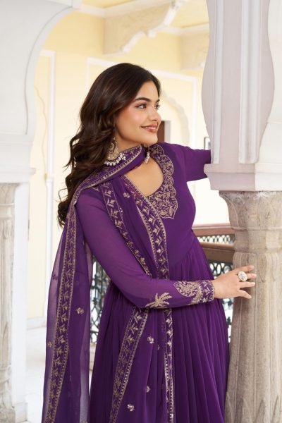 Chic Purple Faux Georgette Thread Sequence Gown with Pant and Dupatta at Wholesale Rate for Party Wear Plus Size Kurti / Gown