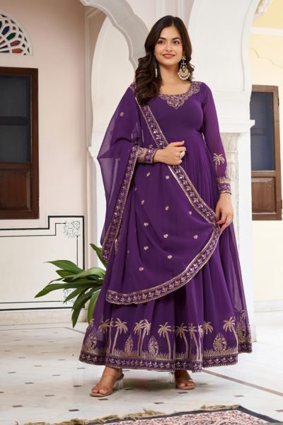 Chic Purple Faux Georgette Thread Sequence Gown with Pant and Dupatta at Wholesale Rate for Party Wear Plus Size Kurti / Gown