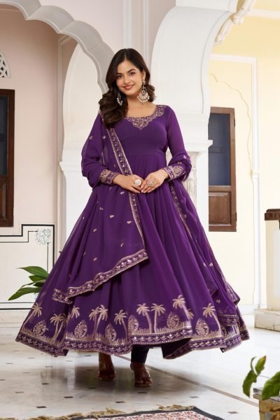 Chic Purple Faux Georgette Thread Sequence Gown with Pant and Dupatta at Wholesale Rate for Party Wear Plus Size Kurti / Gown