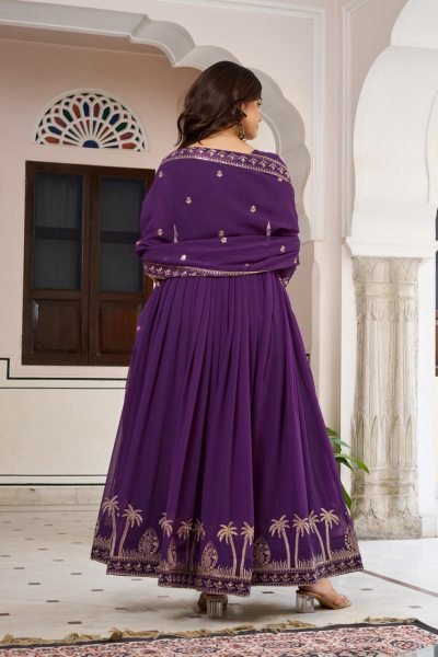 Chic Purple Faux Georgette Thread Sequence Gown with Pant and Dupatta at Wholesale Rate for Party Wear Plus Size Kurti / Gown