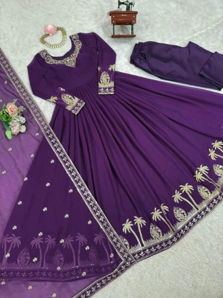 Chic Purple Faux Georgette Thread Sequence Gown with Pant and Dupatta at Wholesale Rate for Party Wear Plus Size Kurti / Gown