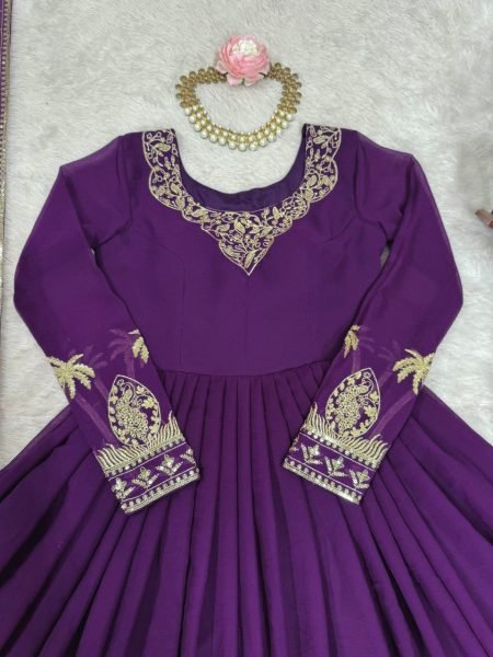 Chic Purple Faux Georgette Thread Sequence Gown with Pant and Dupatta at Wholesale Rate for Party Wear Plus Size Kurti / Gown