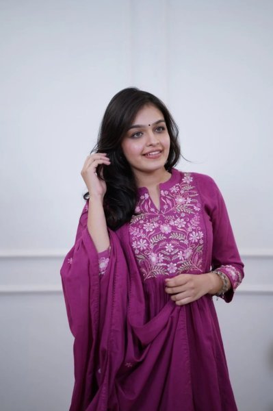   Chic Rani Pink Cotton Embroidered Kurti Pant with Cotton Dupatta for Office Wear Anarkali Kurtis 