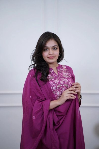   Chic Rani Pink Cotton Embroidered Kurti Pant with Cotton Dupatta for Office Wear Anarkali Kurtis 