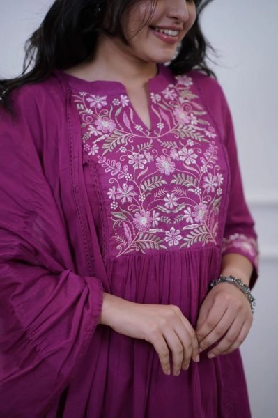   Chic Rani Pink Cotton Embroidered Kurti Pant with Cotton Dupatta for Office Wear Anarkali Kurtis 