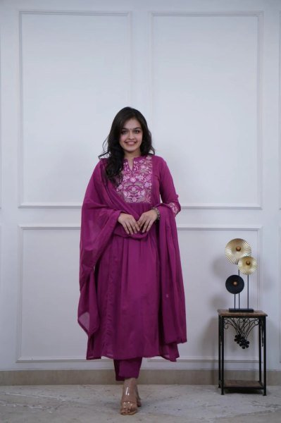   Chic Rani Pink Cotton Embroidered Kurti Pant with Cotton Dupatta for Office Wear Anarkali Kurtis 