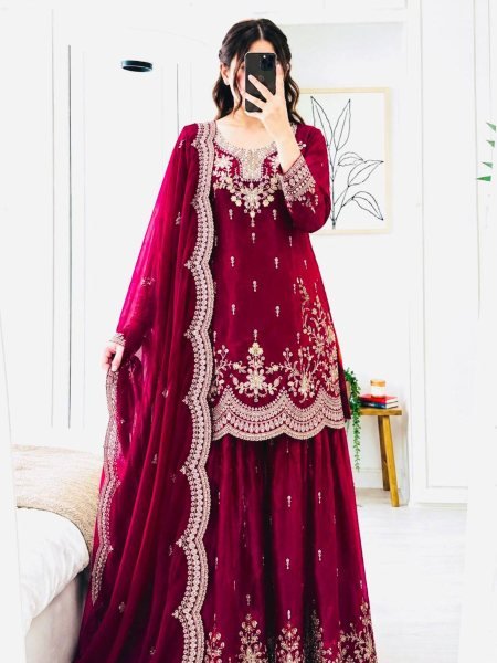 Chic Rani Pink Fendy Satin Kurta And Sharara Set Using Codding Work For Party Wear Ready To Wear Suit