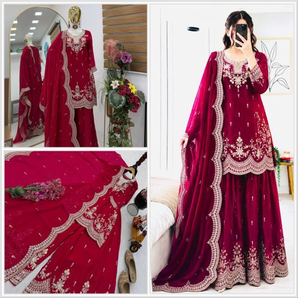 Chic Rani Pink Fendy Satin Kurta And Sharara Set Using Codding Work For Party Wear Ready To Wear Collection