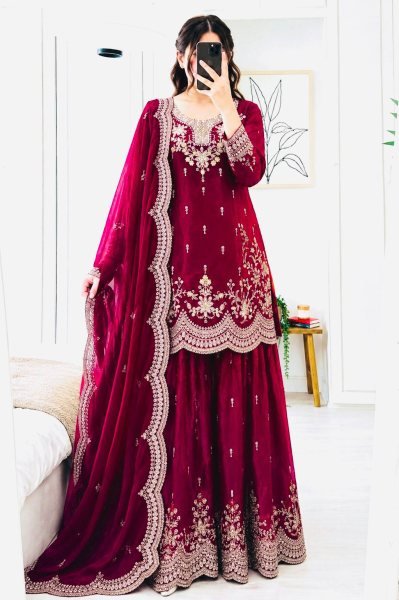 Chic Rani Pink Fendy Satin Kurta And Sharara Set Using Codding Work For Party Wear Ready To Wear Collection