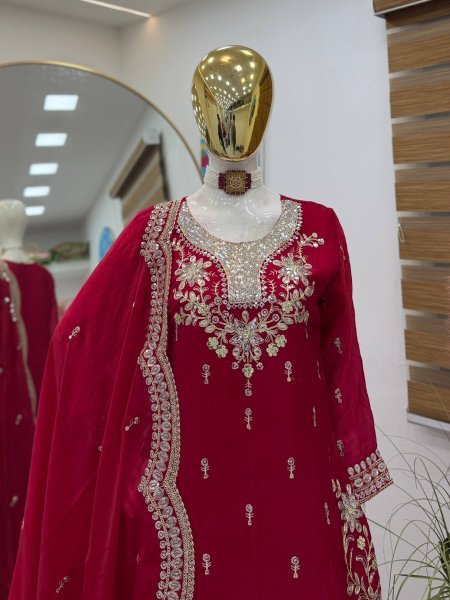 Chic Rani Pink Fendy Satin Kurta And Sharara Set Using Codding Work For Party Wear Ready To Wear Collection
